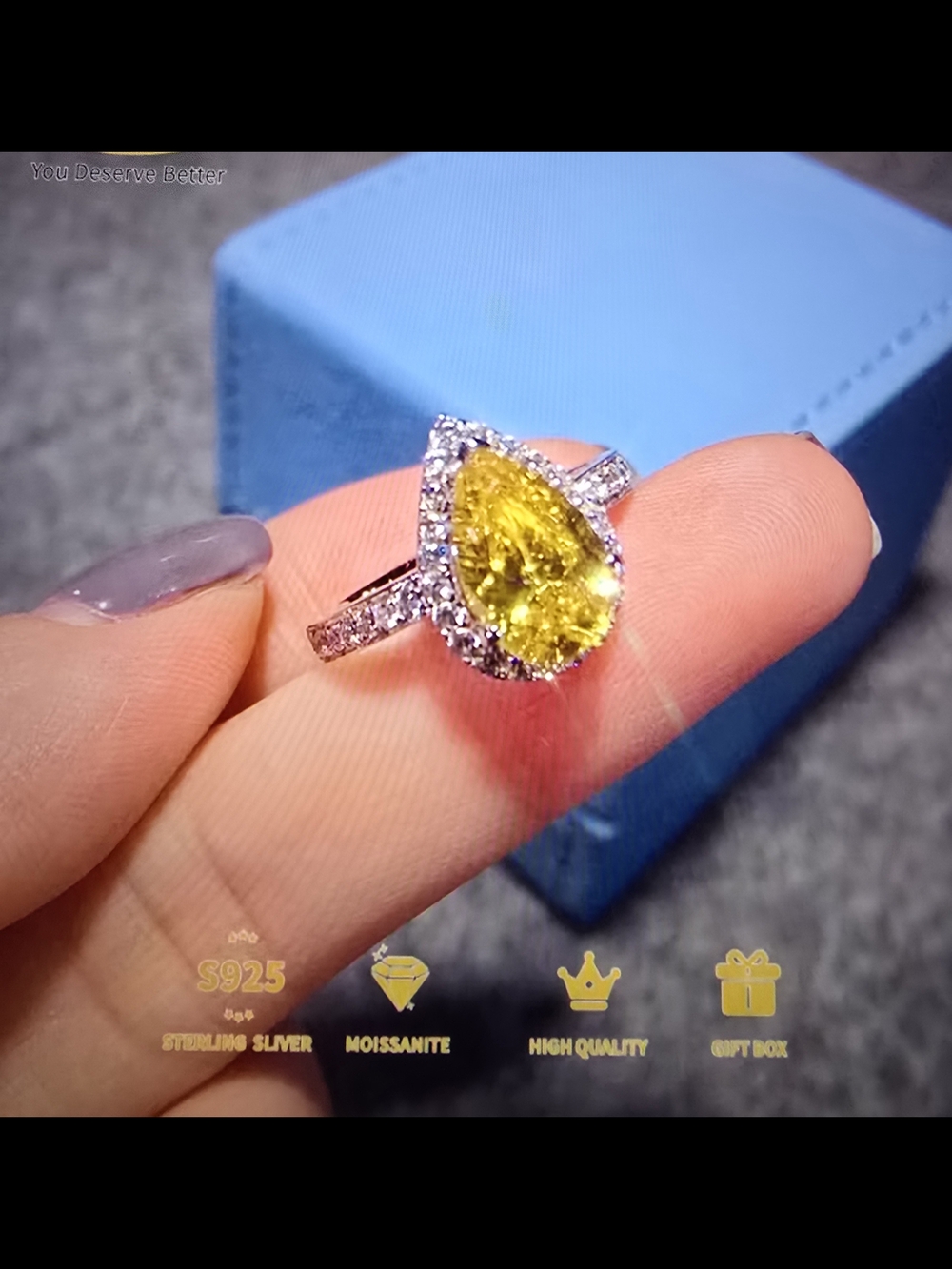 Sterling Silver Yellow Pear-Cut Moissanite Ring